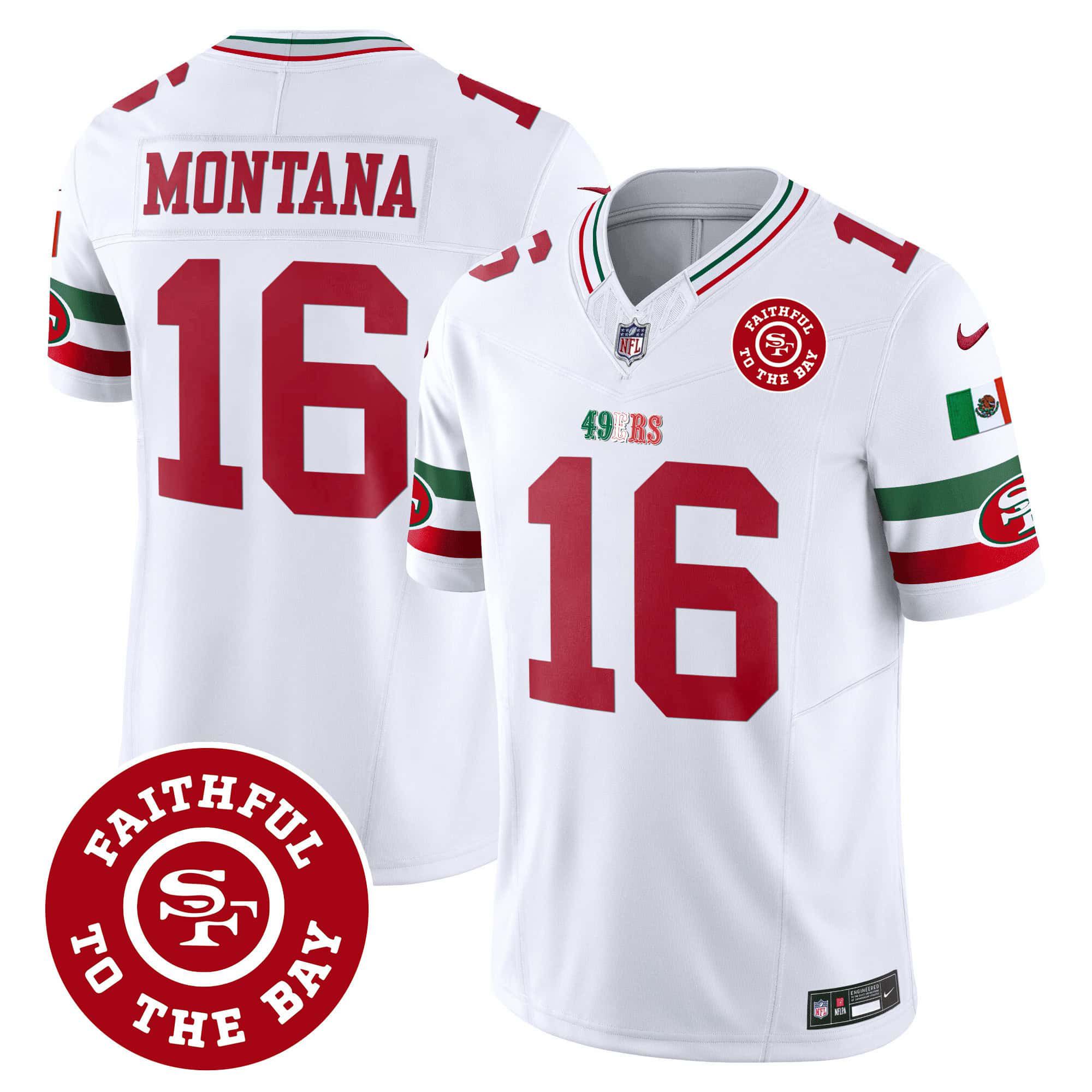 Men San Francisco 49ers 16 Montana White 2024 Nike Mexico Faithful To The Bay Patch Vapor NFL Jersey